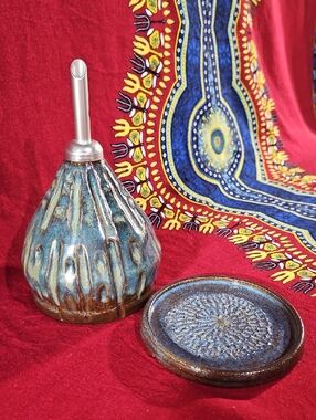 Handcrafted Multicolor Glaze Ceramic Oil Cruet & Garlic Ginger Grater/Drip Plate
